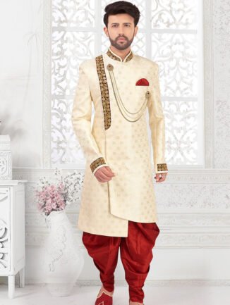 Cream, Golden Colour Silk Fabric Mens Sherwani